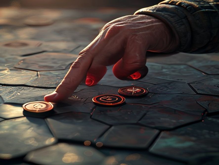 A player's hand placing a command token onto a hex system tile to activate it during the action phase.