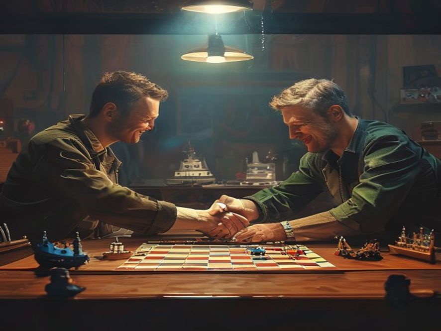 Two players shaking hands across the table over the board, with a slight knowing smile, plastic ships nearby.