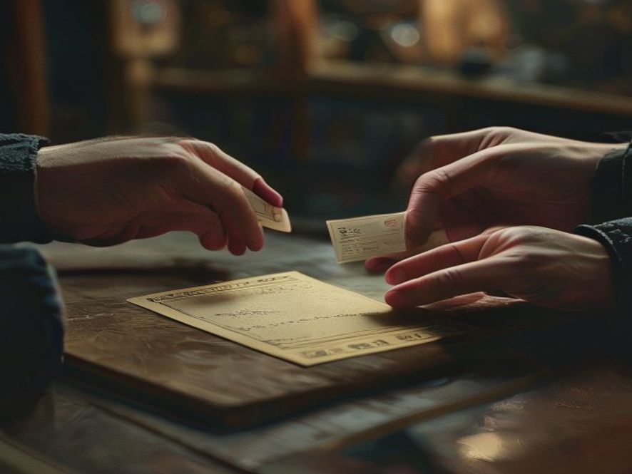 Hands exchanging a small promissory-note card across the board while both players keep their other cards hidden.
