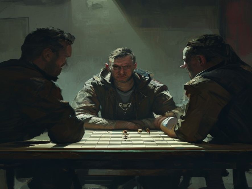 A player sitting back with a calm, unreadable expression while two rivals argue across the board over a leading position.