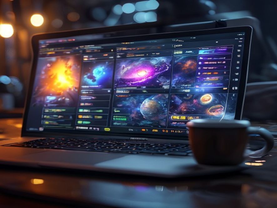 A laptop showing an online asynchronous game lobby with multiple ongoing galactic games listed, beside a coffee mug.