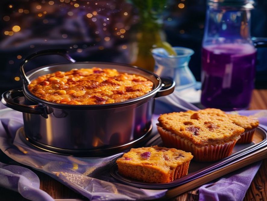 A slow cooker of chili and a tray of cornbread on a side table beside galaxy-decorated cupcakes and a pitcher of dark purple lemonade.
