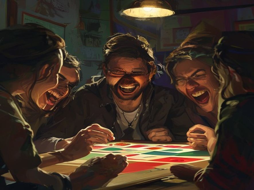 Friends mid-laugh around the board as one player dramatically reveals a card, the others reacting in mock outrage.