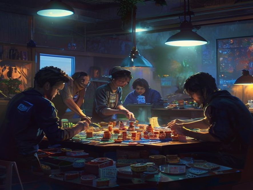 A host clearing and resetting the galaxy board late in the evening while guests help tidy snacks and tokens.