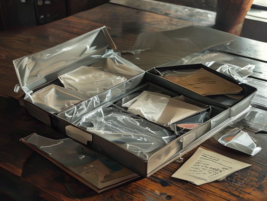 An open starter deck box with shrink wrap peeled back, sleeves and a small rulebook beside it on a wooden table