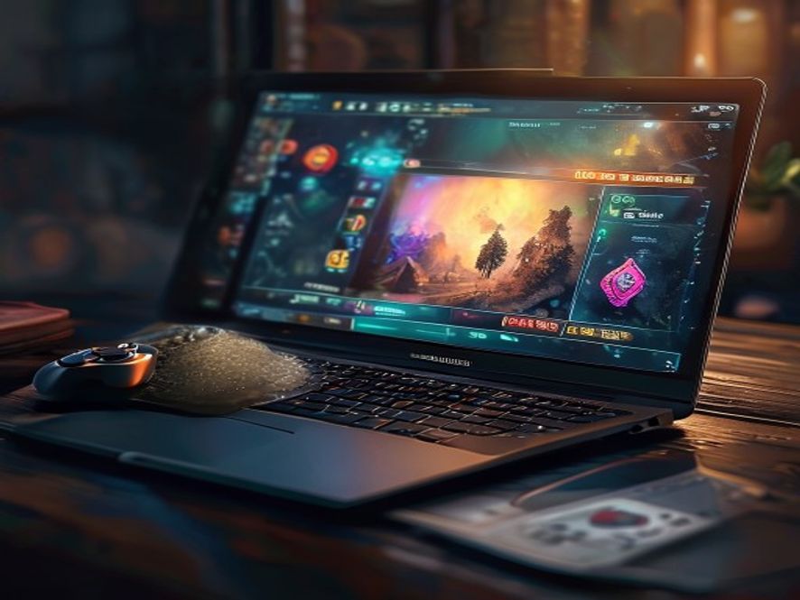 A laptop screen showing a generic digital card-game tutorial interface with a card being highlighted, controller resting nearby