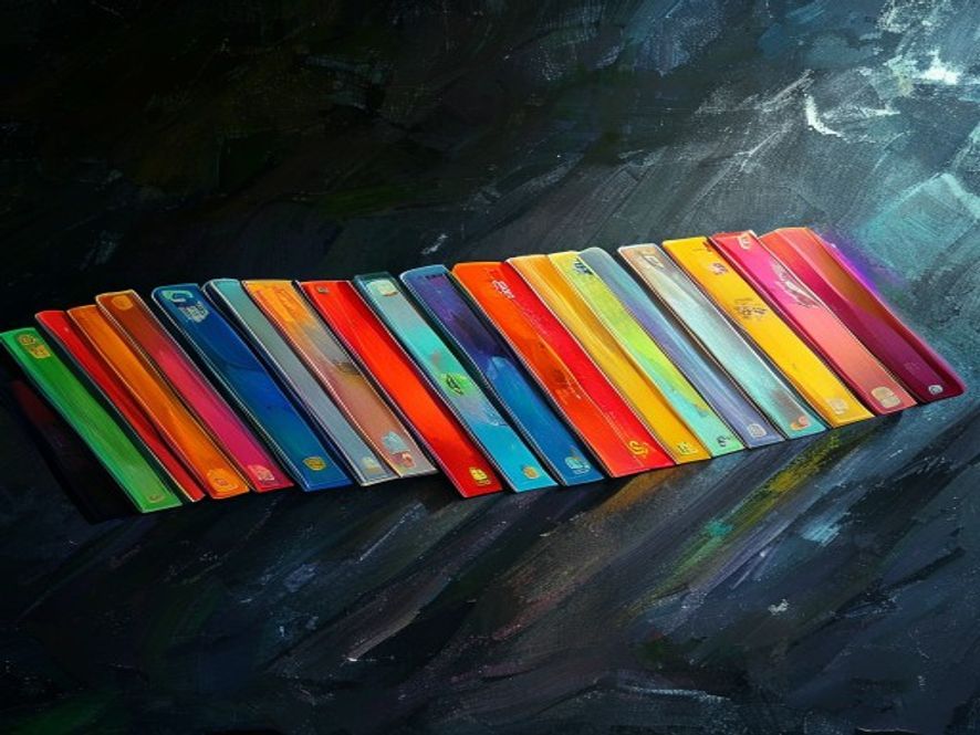 A row of brightly coloured card archetypes laid out in fanned arcs, each a different colour family, on a dark surface