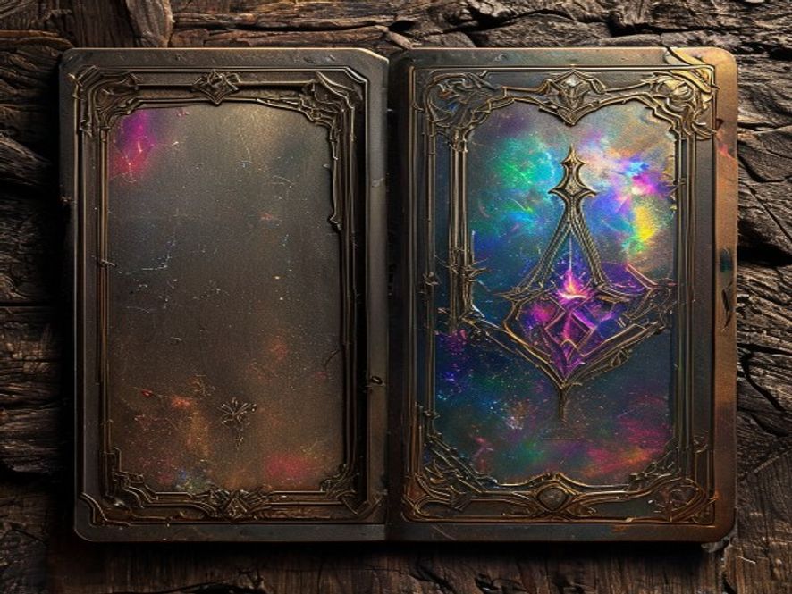 An open collector binder of foil and alternate-art fantasy cards beside a single framed grail card