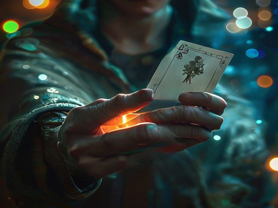 A player holding a single card from their hand poised to activate it during the opponent's turn