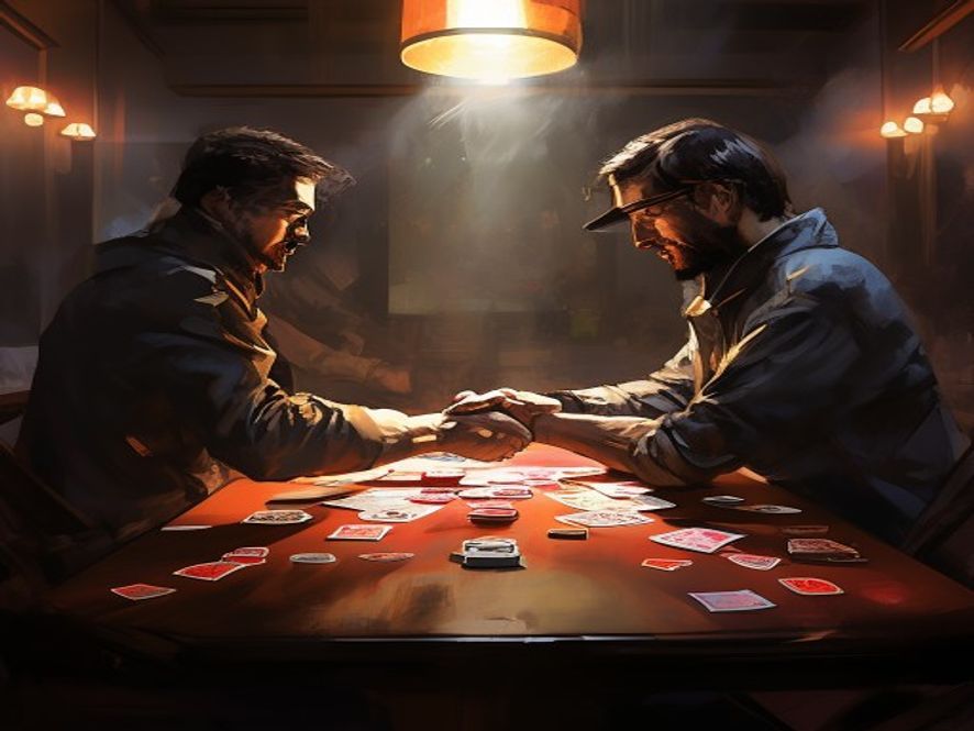 Two players shaking hands across a table after a tense match, cards still arranged in zones