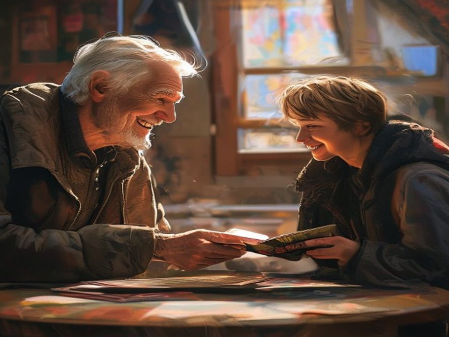 An older player handing a sleeved deck across a table to a young newcomer, both smiling