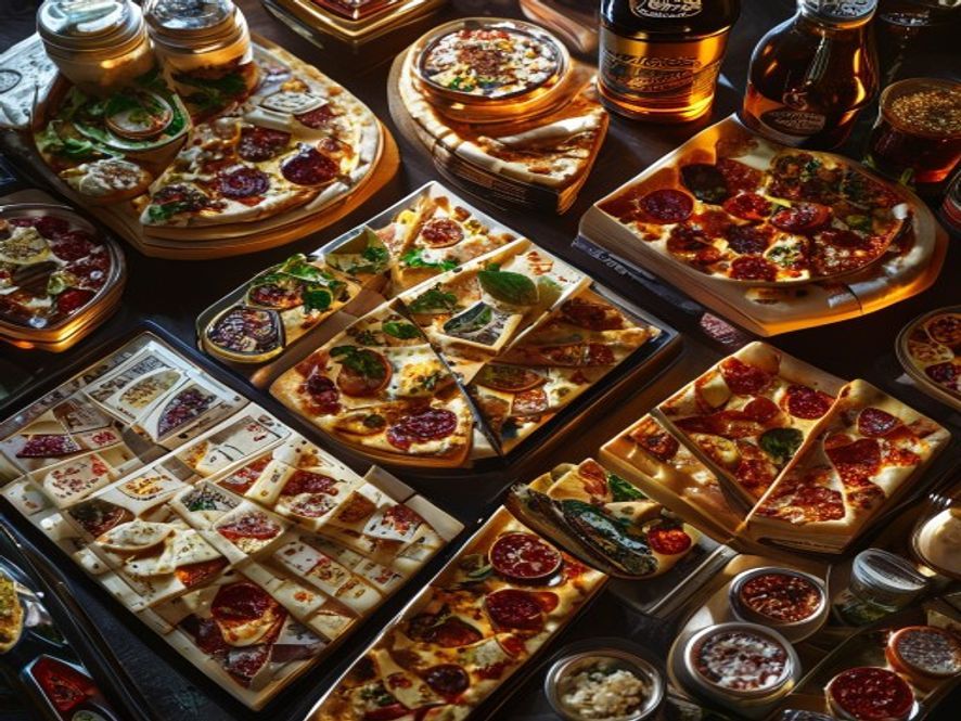 A spread of themed game-night snacks — white and gold treats, pizza, energy drinks — beside stacked decks