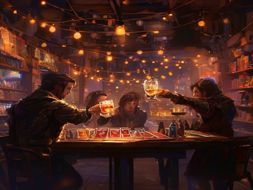 A circle of duelists raising a toast over their decks at a card-shop table under warm string lights