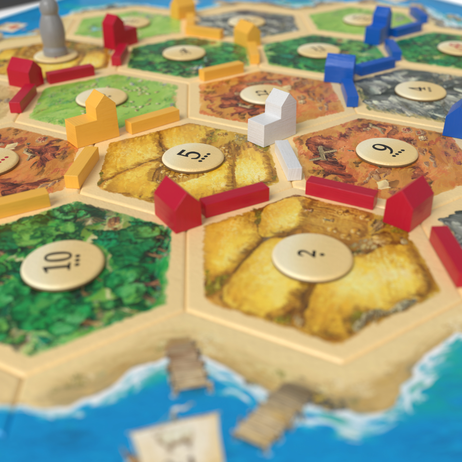 Close-up of the hex grid and number tokens — the 6 and 8 (highest-probability rolls) are the dots you want your settlements touching.