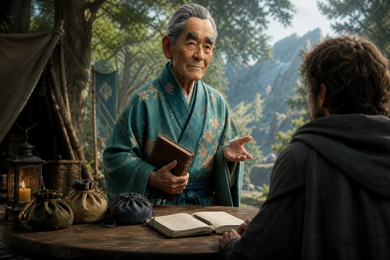 Kenji calmly compares three travel pouches with an adult companion at a green mountain camp