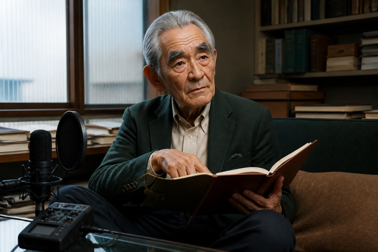 Kenji recording a lesson beside a microphone and plain journals