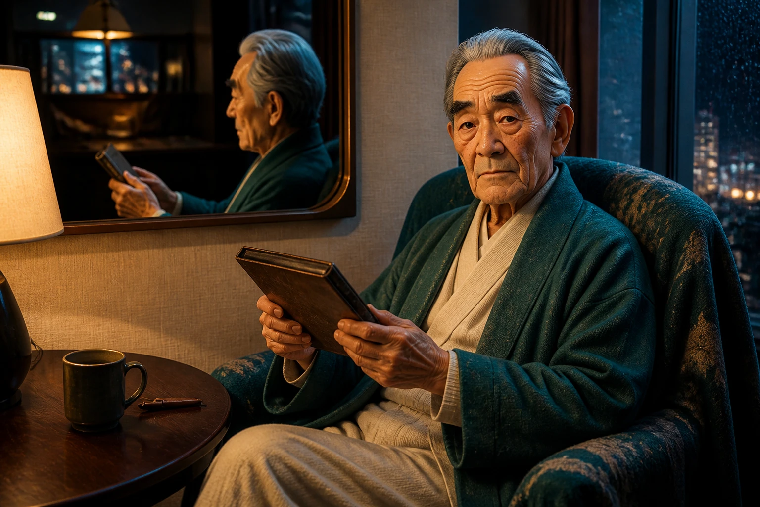 Kenji in a teal robe reading a plain journal in an armchair
