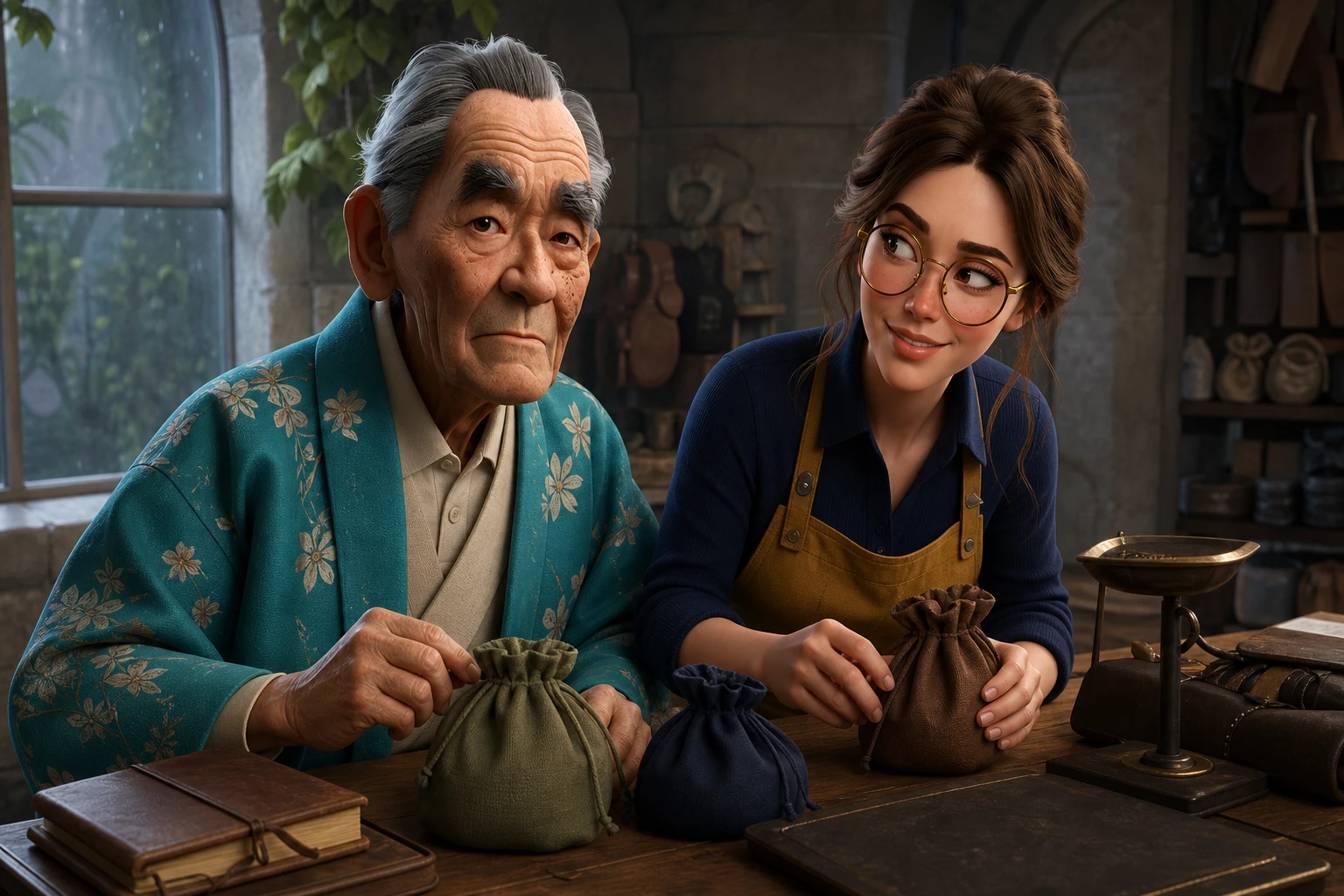 Kenji and Margo sorting linen pouches at a preparation bench, with Margo giving him a mischievous grin