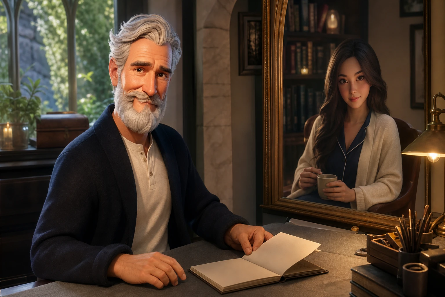 Robert turning a plain journal page in a library alcove, with Yumi listening in a framed mirror