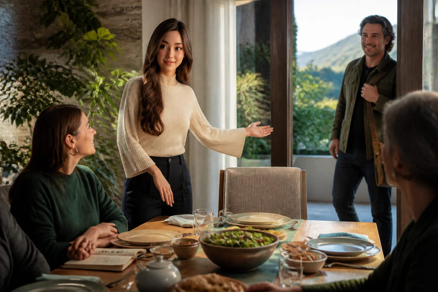 Yumi welcoming an adult guest to a bright family dining table