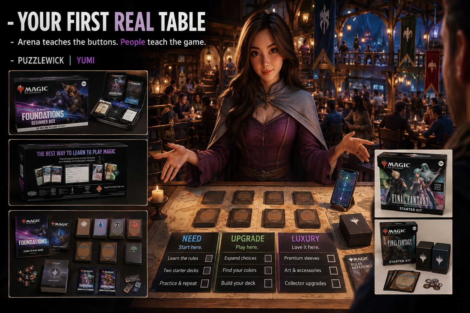 Yumi opens five distinct routes into Magic at a bright game-store welcome desk.