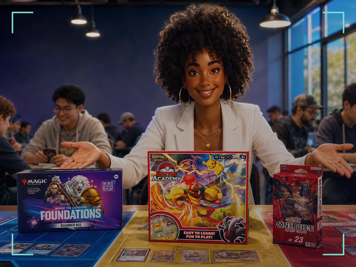 Imani, The Connector — holding three real starting products at a lively card club