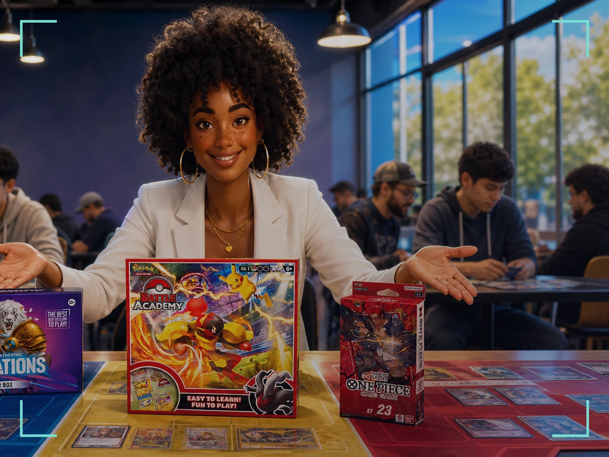 Imani, The Connector — hosting a mixed TCG club night with three clearly organized tables