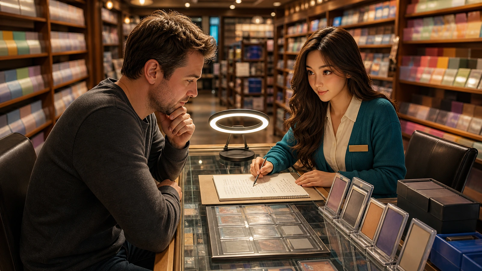 Yumi comparing the current hot shelf with a small complete first-game kit in a modern card shop