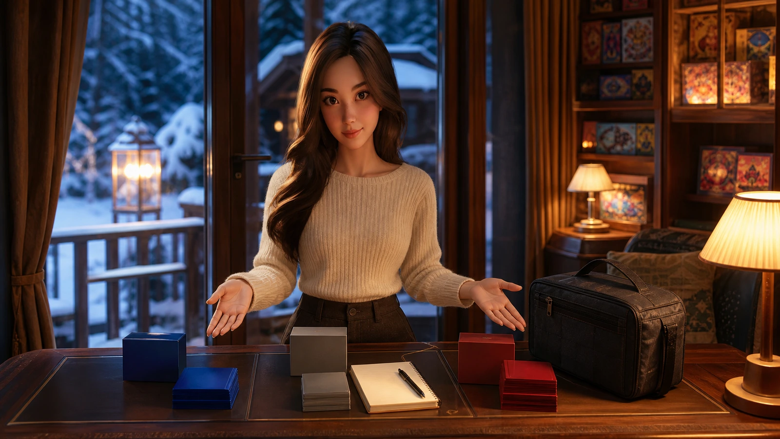 Yumi welcoming a nervous adult player to a bright Magic Academy table