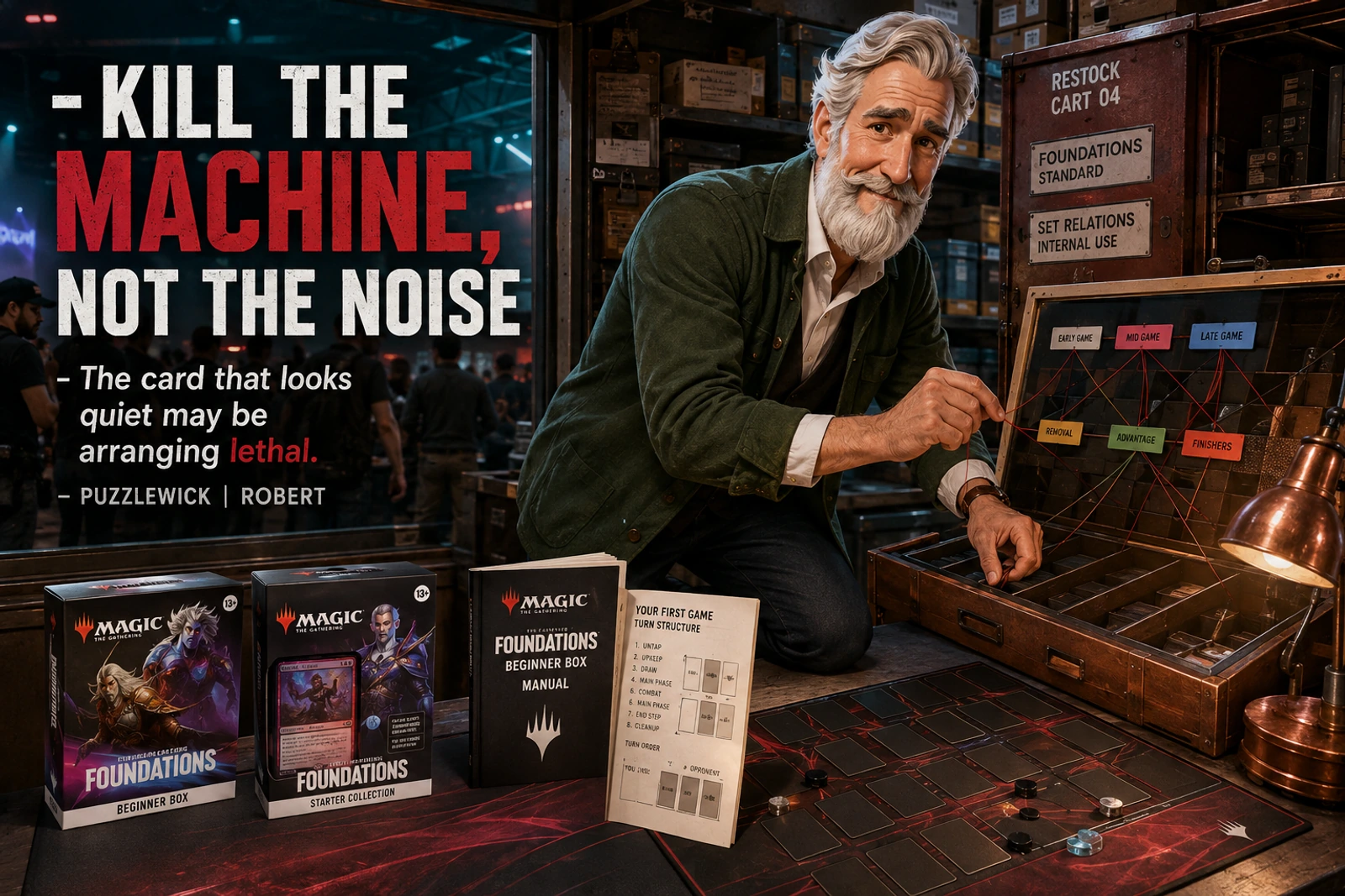 Robert studies a red-black Arena battlefield as a forensic system in a contemporary game-store lab.