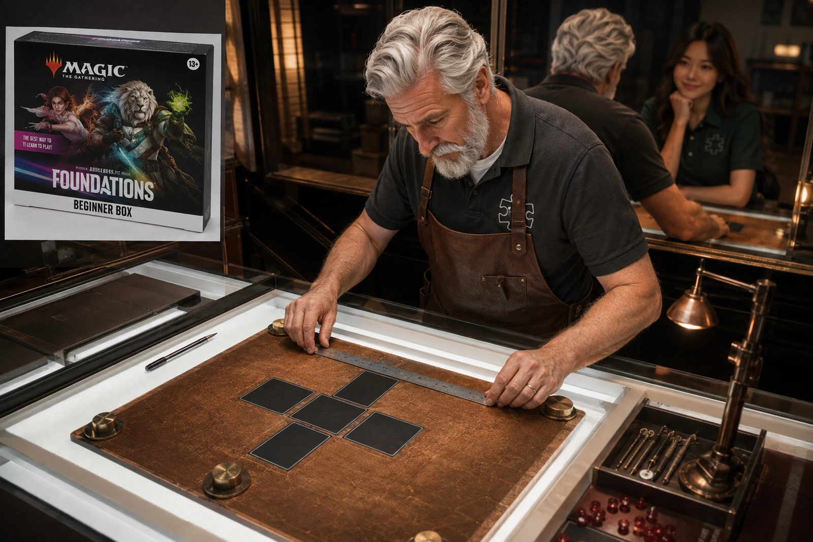 Robert sorts answer verbs into distinct tool drawers beneath neutral task lighting.