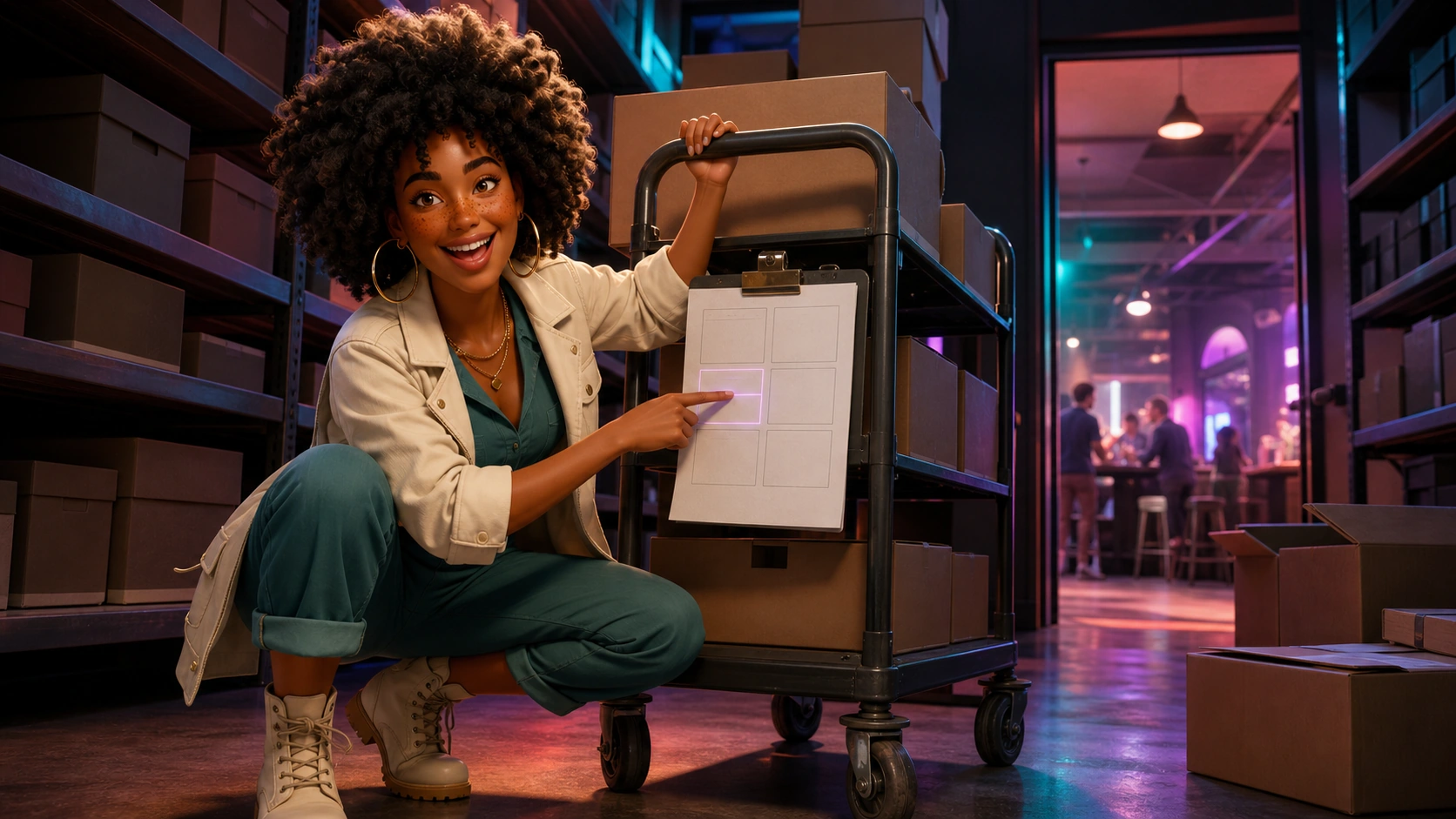 Imani catches a labeled collector parcel in a neon stockroom