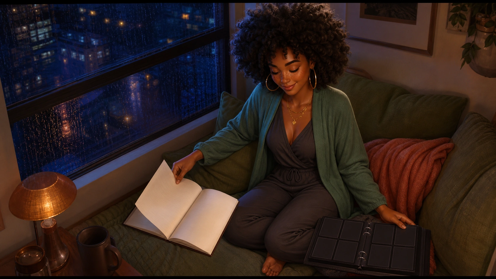 Imani writes a collection finish line beside a rainy window