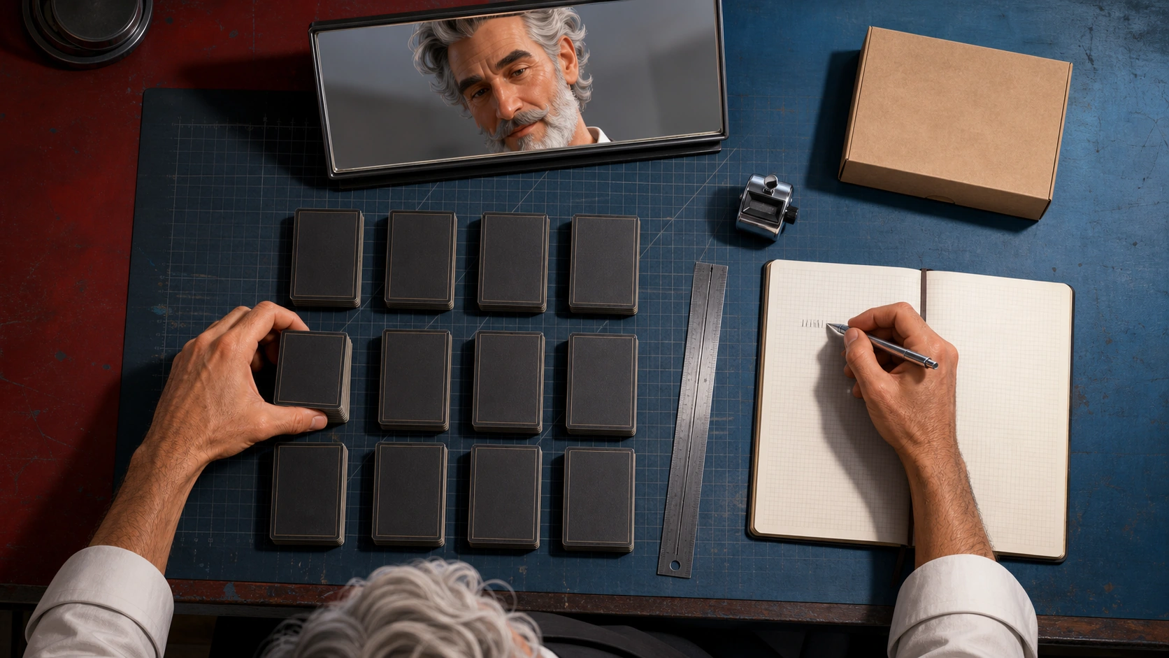 Robert counts twelve premium booster stacks at a top-down collector workbench