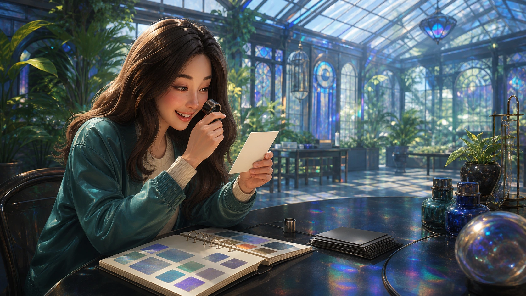 Yumi studies a premium card through a loupe in a stained-glass conservatory