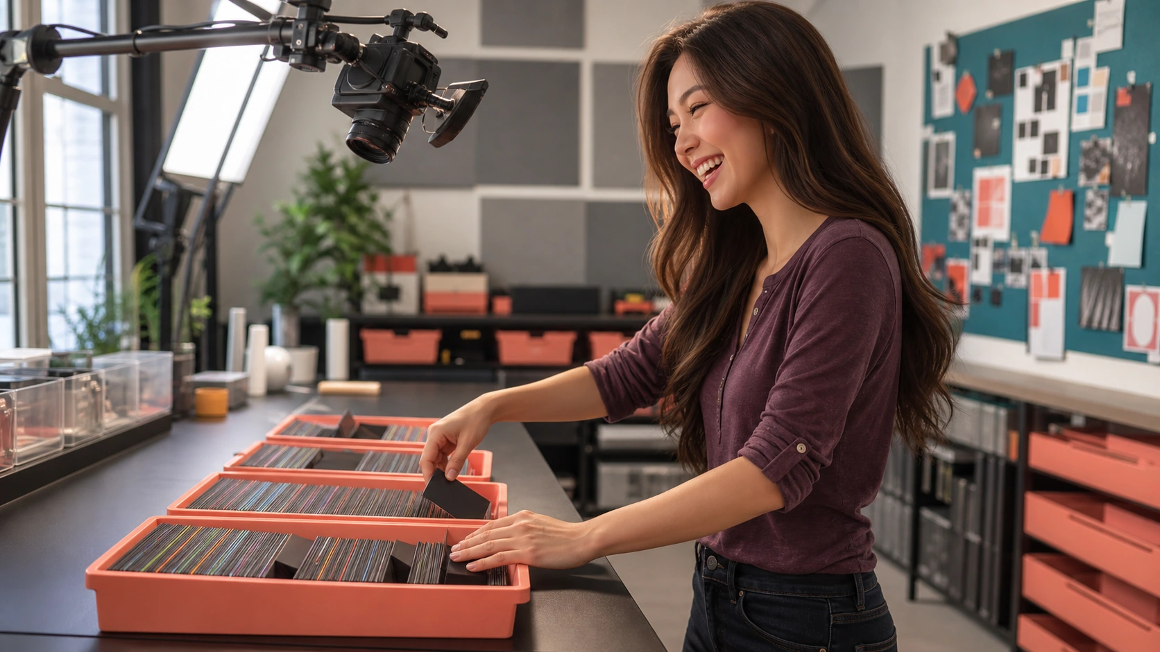 Yumi laughs over a labeled opening journal in a candid creator studio