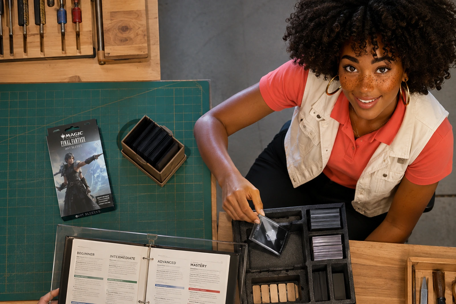 Imani closes a twenty-match ledger beside a sleeved Final Fantasy deck at dusk.