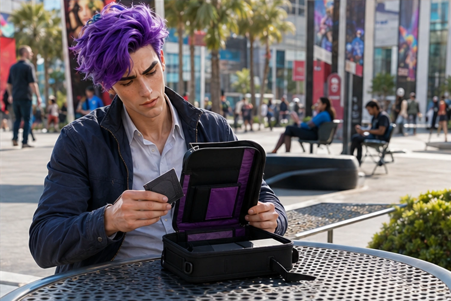 Dax checks a deck travel case outside a gaming convention.