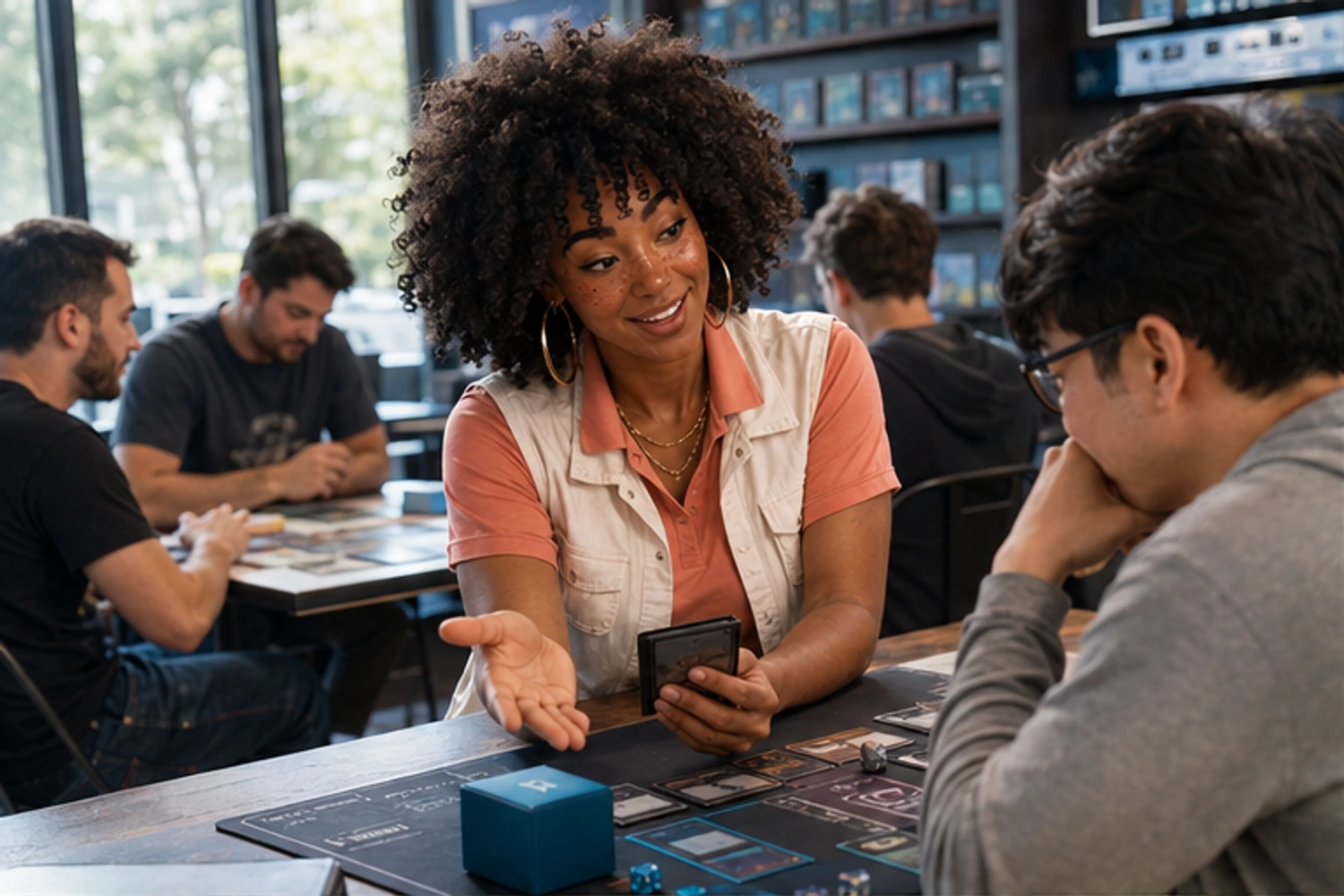 Imani teaches a first Commander game at a busy local game store.
