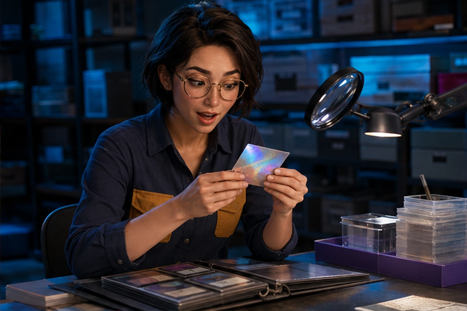 Margo reacts to a foil card beneath cool archival light.