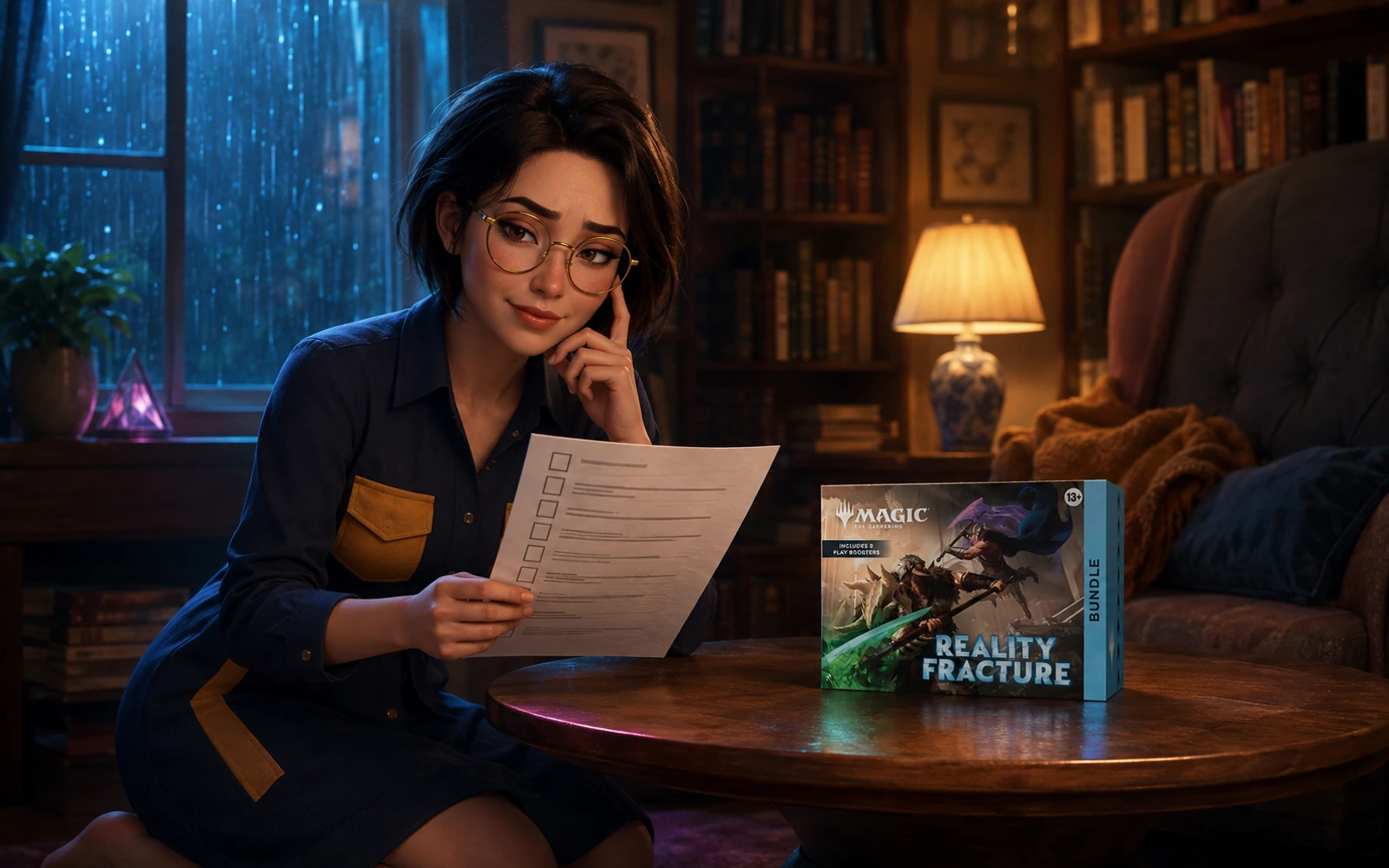 Margo studies a Reality Fracture collector checklist beside the exact Bundle.