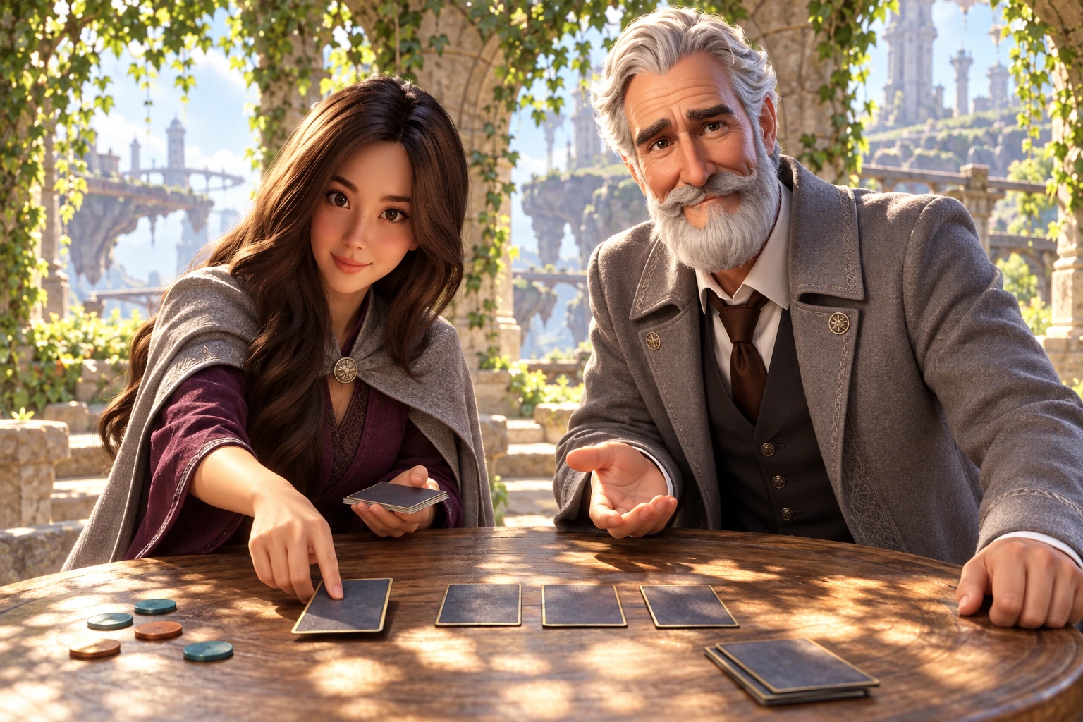 Yumi moves an opaque-backed practice card while Robert explains beside her in a sunny courtyard.