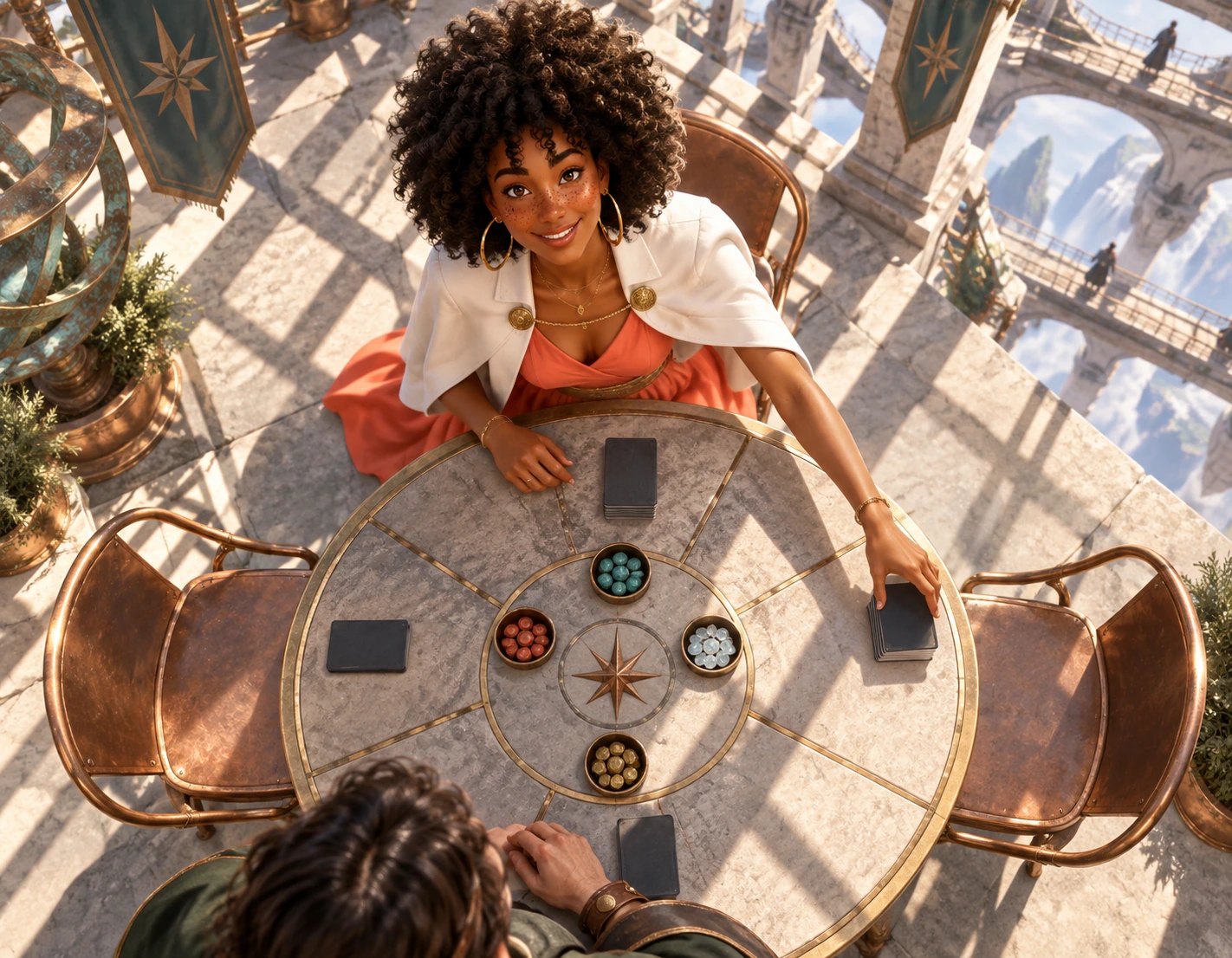 An overhead view shows Imani preparing four seats in a bright roofless Konstrari court.