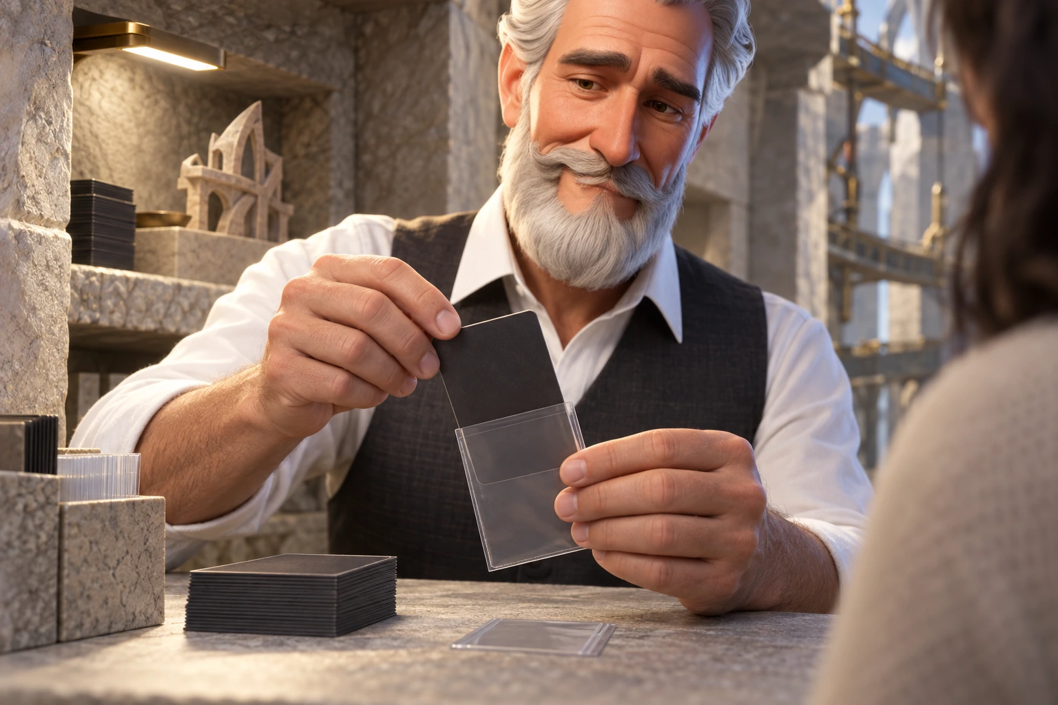 Robert carefully slides one plain card into a clear sleeve at a limestone workbench.