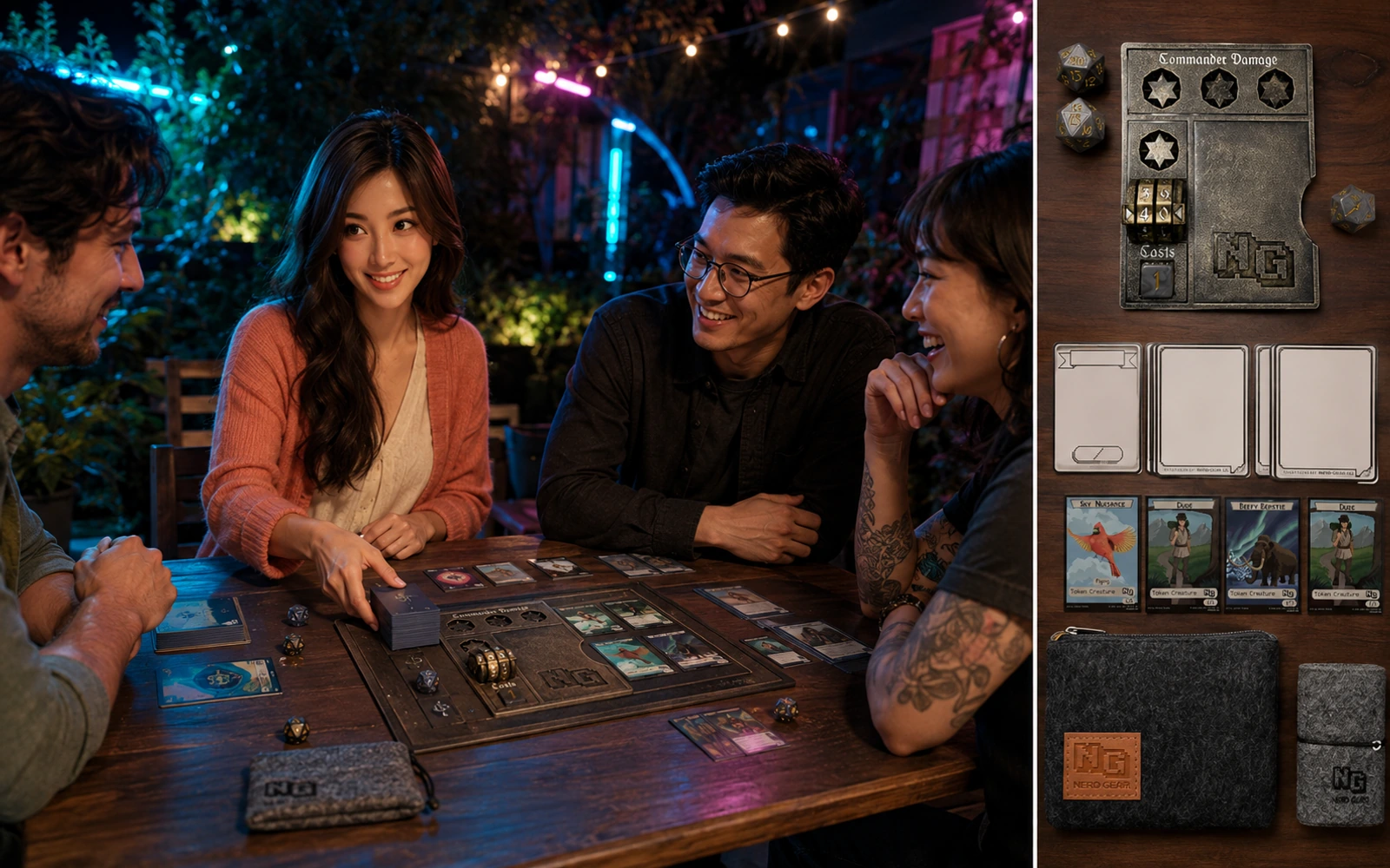 Yumi hosts a relaxed four-player Magic draft under garden lights.