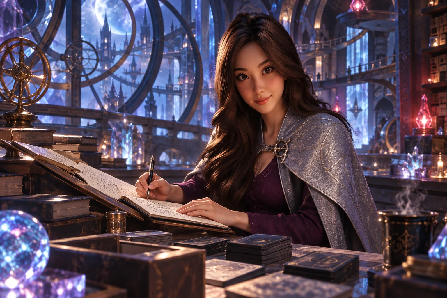 Yumi annotates a plan beneath the high observatory’s Vryn-inspired rings.