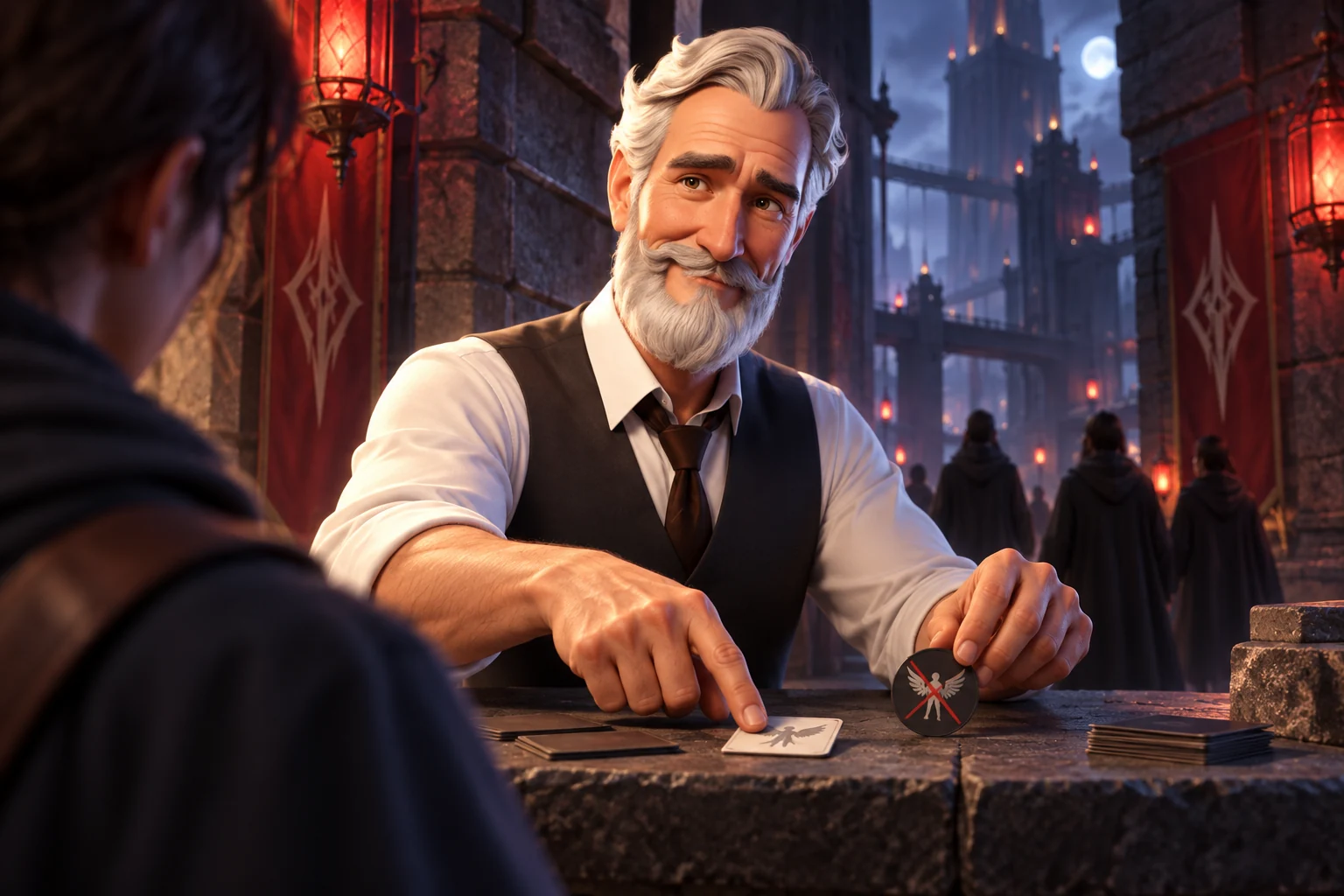 Robert checks a corrected token reminder under a fortress gate’s red lanterns.