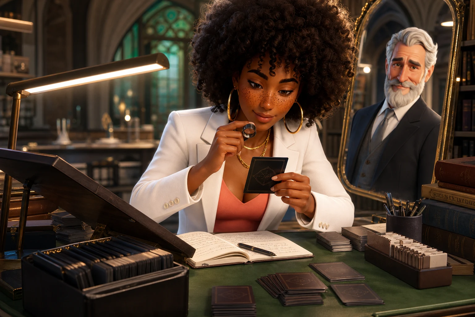 Imani inspects an unbranded card at a reference desk, with Robert visible in a mirror.
