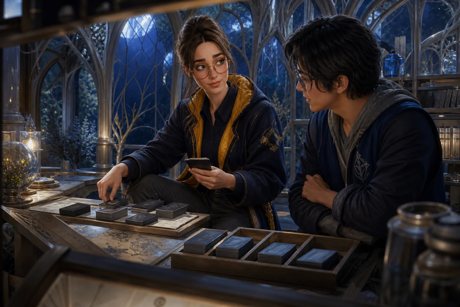 Margo counts opaque-backed cards with an adult beginner in a moonlit silver-wood archive.