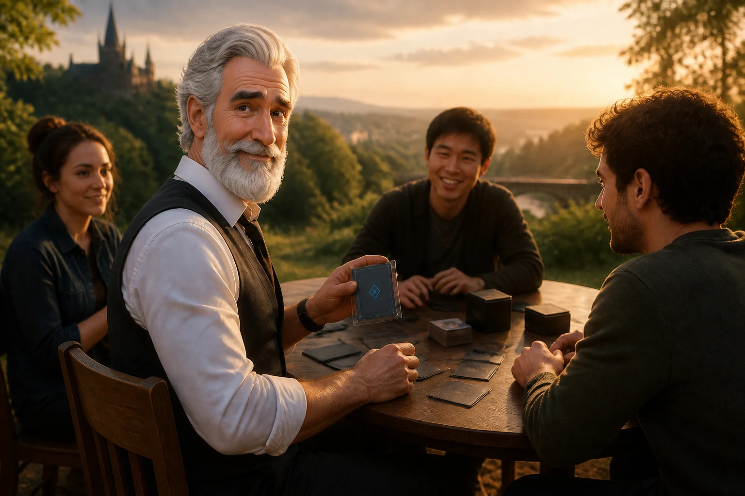 Robert demonstrates card protection at an outdoor table with three adult beginners.